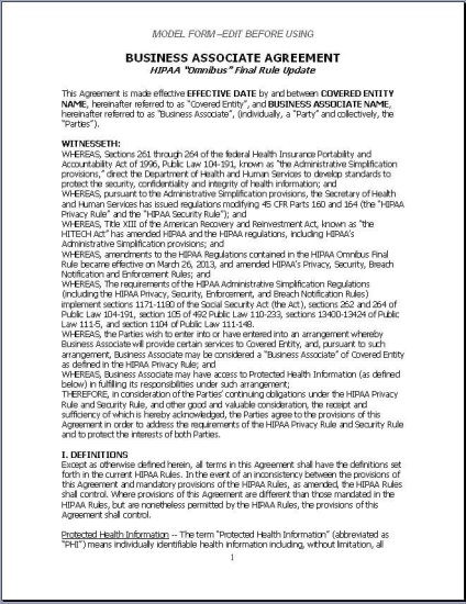 (image for) Business Associate Agreement - Model Contract
